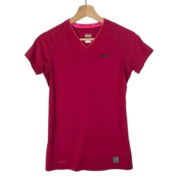 Nike Pro Combat Hot Pink V-Neck Short Sleeve Athletic Top S - Picture 1 of 4